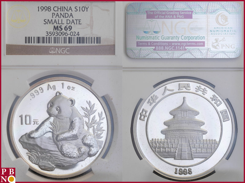 10 Yuan, 1998, 1 ounce Silver Panda Small Date, KM Y-969, in NGC holder nr. 3593...
