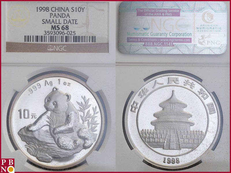 10 Yuan, 1998, 1 ounce Silver Panda Small Date, KM Y-969, in NGC holder nr. 3593...