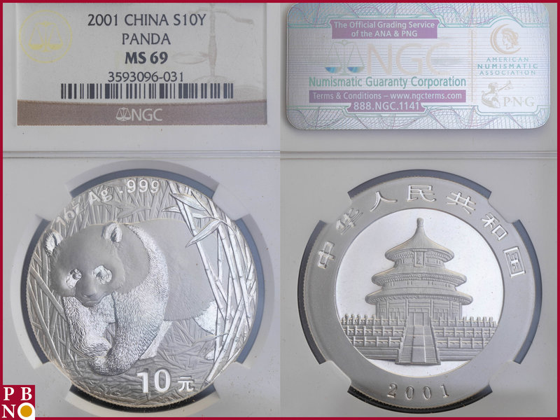 10 Yuan, 2001, 1 ounce Silver Panda, KM Y-1365, in NGC holder nr. 3593096-031
...