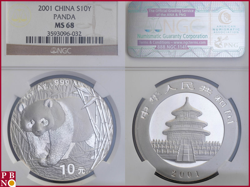 10 Yuan, 2001, 1 ounce Silver Panda, KM Y-1365, in NGC holder nr. 3593096-032
...