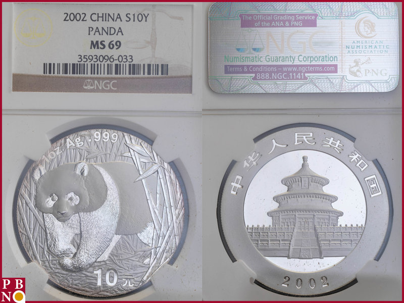 10 Yuan, 2002, 1 ounce Silver Panda, KM Y-1365, in NGC holder nr. 3593096-033
...