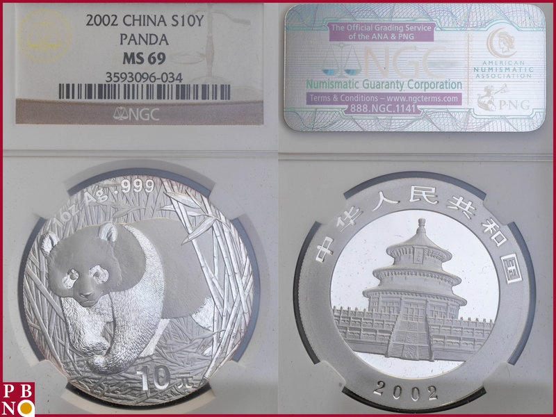 10 Yuan, 2002, 1 ounce Silver Panda, KM Y-1365, in NGC holder nr. 3593096-034
...