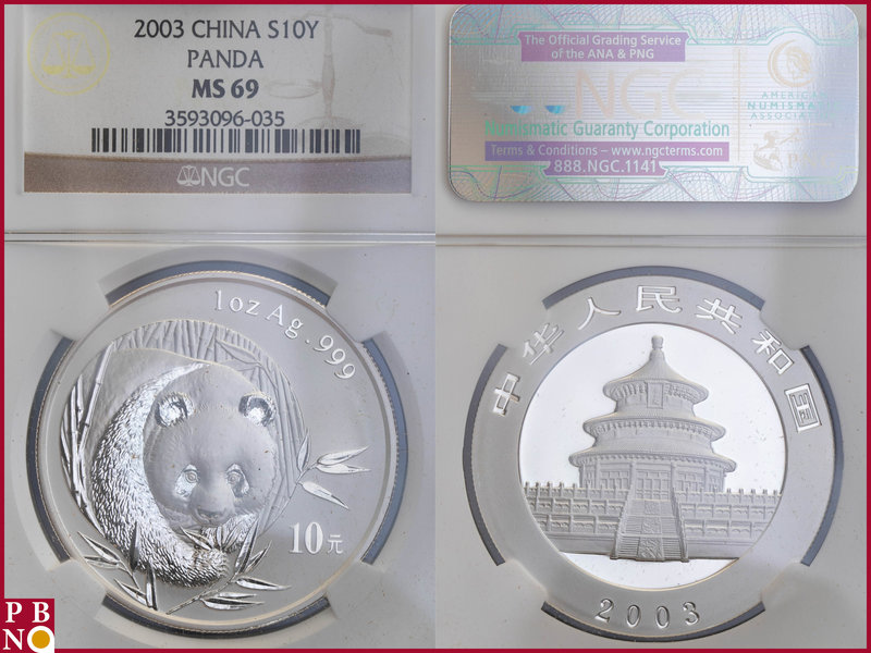 10 Yuan, 2003, 1 ounce Silver Panda, KM Y-1466, in NGC holder nr. 3593096-035
...