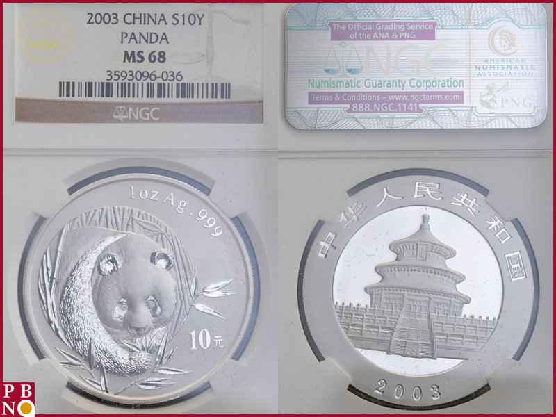 10 Yuan, 2003, 1 ounce Silver Panda, KM Y-1466, in NGC holder nr. 3593096-036
...