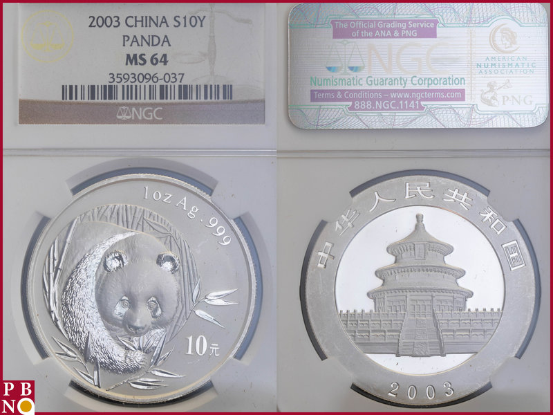 10 Yuan, 2003, 1 ounce Silver Panda, KM Y-1466, in NGC holder nr. 3593096-037
...