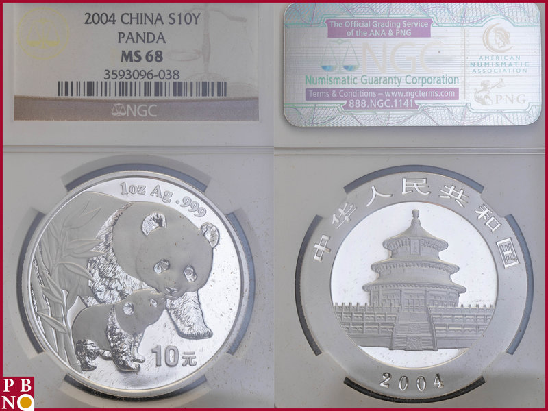 10 Yuan, 2004, 1 ounce Silver Panda, KM Y-1528, in NGC holder nr. 3593096-038
...