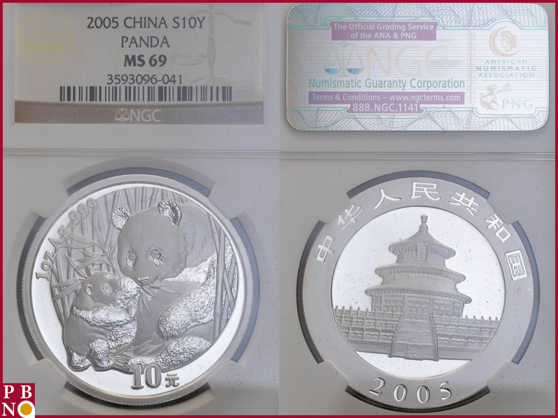 10 Yuan, 2005, 1 ounce Silver Panda, KM Y-1589, in NGC holder nr. 3593096-041
...