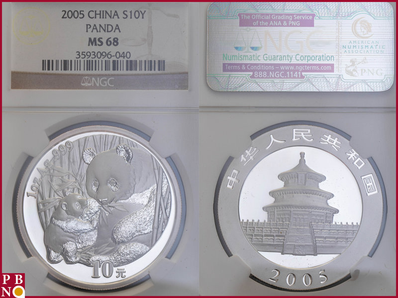 10 Yuan, 2005, 1 ounce Silver Panda, KM Y-1589, in NGC holder nr. 3593096-040
...