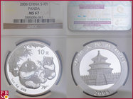 10 Yuan, 2006, 1 ounce Silver Panda, KM Y-1664, in NGC holder nr. 3593096-043

MS 67