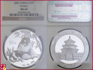 10 Yuan, 2007, 1 ounce Silver Panda, KM Y-1706, in NGC holder nr. 3593096-044

MS 69
