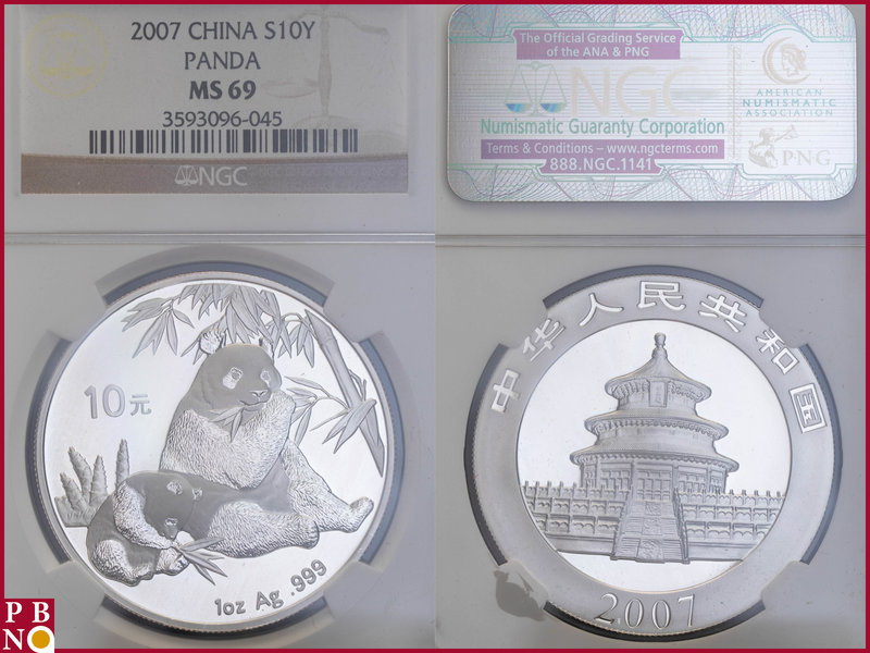10 Yuan, 2007, 1 ounce Silver Panda, KM Y-1706, in NGC holder nr. 3593096-045
...