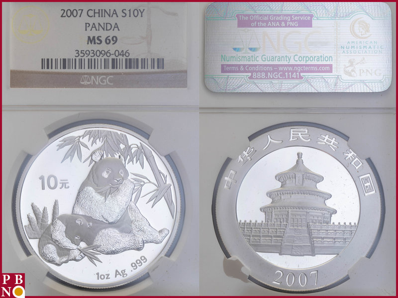 10 Yuan, 2007, 1 ounce Silver Panda, KM Y-1706, in NGC holder nr. 3593096-046
...