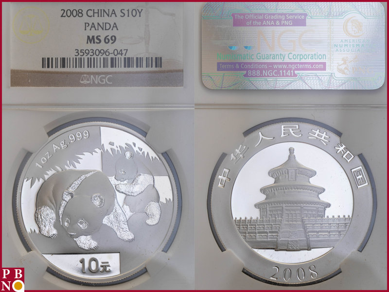 10 Yuan, 2008, 1 ounce Silver Panda, KM Y-1814, in NGC holder nr. 3593096-047
...
