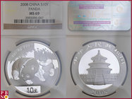 10 Yuan, 2008, 1 ounce Silver Panda, KM Y-1814, in NGC holder nr. 3593096-047

MS 69