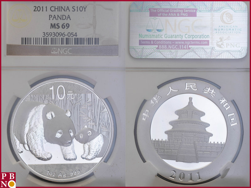 10 Yuan, 2011, 1 ounce Silver Panda, KM Y-1980, in NGC holder nr. 3593096-054
...