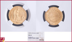 20 Francs 1875A, Gold, Fr 592, Gad 1063, in NGC holder nr. 4377084-097. NO (0%) BUYER'S PREMIUM ON THIS LOT.

MS 65