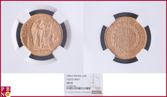 20 Francs 1896A Fasces / Faisceau, Gold, Fr 592, Gad 1063, in NGC holder nr. 4377084-006. Population (NGC/PCGS combined): 22; only 3 coins graded high...