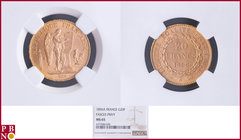 20 Francs 1896A Fasces / Faisceau, Gold, Fr 592, Gad 1063, in NGC holder nr. 4377084-050. Population (NGC/PCGS combined): 22; only 3 coins graded high...