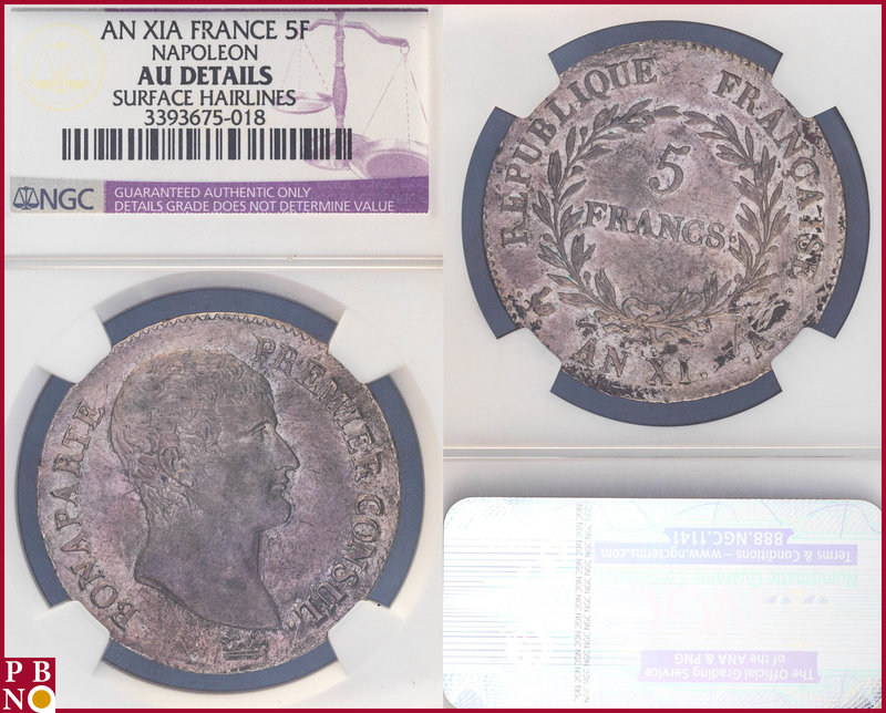 5 Francs, AN XI A, Silver, Napoleon Bonaparte Premier Consul, Gad 577 in NGC hol...