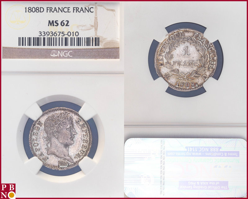 Franc, 1808 D, (Lyon mint) Silver, Napoleon Bonaparte Empereur, Gad 446, KM 682....