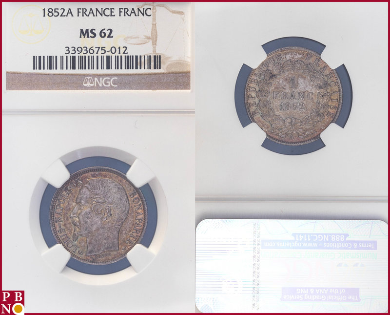Franc, 1852 A, Silver, Louis Napoleon Bonaparte, Gad 458, KM 772, in NGC holder ...