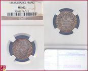Franc, 1852 A, Silver, Louis Napoleon Bonaparte, Gad 458, KM 772, in NGC holder nr. 3393675-012. Cabinet piece with an attractive patina; desiderable ...