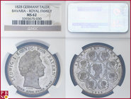 Taler, 1828, Silver, Bavaria – Royal Family, KM 734, Dav 563, in NGC holder nr. 3393675-030. Attractive old cabinet tone.

MS 62
