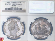 Taler, 1835, Silver, Bavaria – First Railway, KM 779, Dav 576, in NGC holder nr. 3393675-032. Attractive old cabinet tone.

MS 62