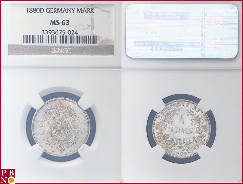 1 Mark, 1880 D, Silver, KM 7, J.9, in NGC holder nr. 3393675-024

MS 63