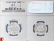 1 Mark, 1902 G, Silver, KM 14, J. 17, in NGC holder nr. 3393675-027. Very rare in this outstanding grade. Only one coin graded higher (PCGS MS 66).
...