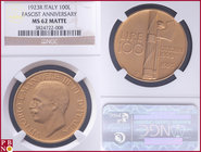 100 Lire, 1923 R, Gold, Fascist Anniversary, Fr 30, in NGC holder nr. 3824722-008. NO (0%) BUYER'S PREMIUM ON THIS LOT.

MS 62 MATTE
