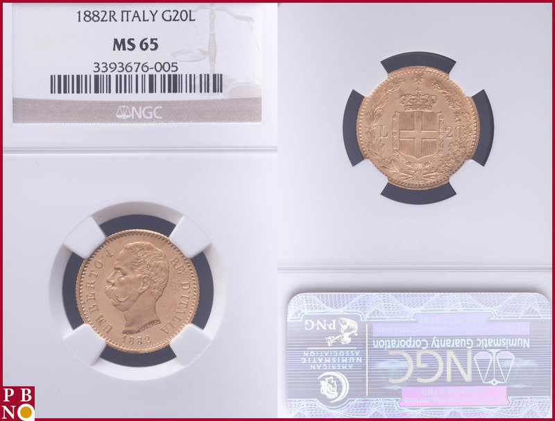 20 Lire, 1882 R, Gold, Fr 21, in NGC holder nr. 3393676-005. NO (0%) BUYER'S PRE...