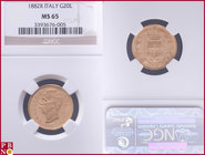 20 Lire, 1882 R, Gold, Fr 21, in NGC holder nr. 3393676-005. NO (0%) BUYER'S PREMIUM ON THIS LOT.

MS 65