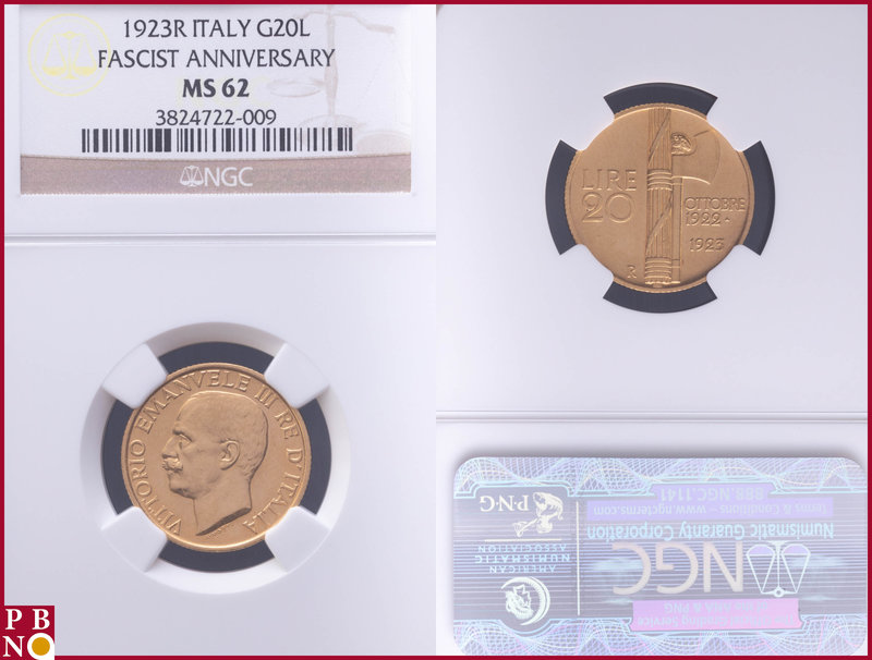 20 Lire, 1923 R, Gold, Fascist Anniversary, Fr 31, in NGC holder nr. 3824722-009...