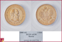 Alexander III (1881-1894), 5 roubles, 1888 ΑΓ (Apollo Grashof mintmaster), Gold, Fr. 169, Bitkin 27, in PCGS holder nr. 930243.50/12927738. NO (0%) BU...