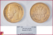 Nicholas II (1894-1917), 15 roubles, 1897 ΑΓ (Apollo Grashof mintmaster), Gold, Fr 177, Bitkin 1, RARE, in PCGS holder nr. 406427.55/12927731. NO (0%)...