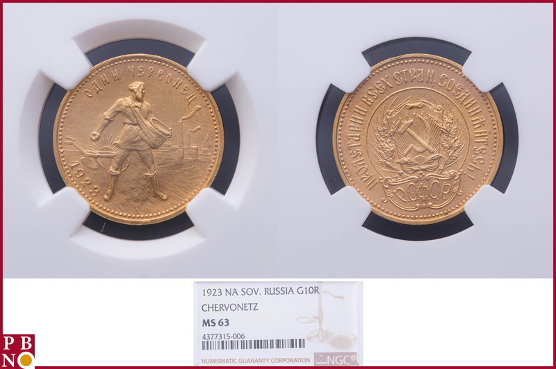 10 roubles, 1923, Gold, "Chervonetz", Fr 181 in NGC holder nr. 4377315-006. NO (...