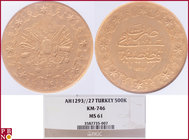 Abdul Hamid II (AH 1293-1327 = 1876-1909 AD), 500 Kurush (Monnaie de Luxe), AH 1293/27, Gold, Fr 146, in NGC holder 3587735-007. NO (0%) BUYER'S PREMI...