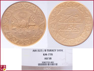 Muhammad V (AH 1327-1336 = 1909-1918 AD), 500 Kurush (Monnaie de Luxe), AH 1327/8, Gold, Fr 178, in NGC holder 3587735-001. NO (0%) BUYER'S PREMIUM ON...
