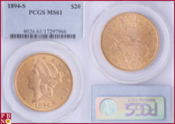 20 Dollars, 1889-S (San Francisco mint), Gold, Fr. 178, in PCGS holder nr. 9012.62+/17297965. NO (0%) BUYER'S PREMIUM ON THIS LOT.

MS 61