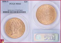 20 Dollars, 1896-S (San Francisco mint), Gold, Fr. 178, in PCGS holder nr. 9030.61/17297969. NO (0%) BUYER'S PREMIUM ON THIS LOT.

MS 61