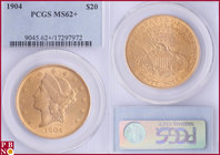 20 Dollars, 1904, Gold, Fr. 177, in PCGS holder nr. 9045.62+/17297972. NO (0%) BUYER'S PREMIUM ON THIS LOT.

MS 62+