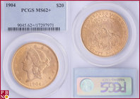 20 Dollars, 1904, Gold, Fr. 177, in PCGS holder nr. 9045.62+/17297971. NO (0%) BUYER'S PREMIUM ON THIS LOT.

MS 62+