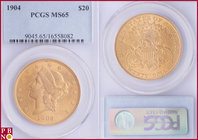 20 Dollars, 1904, Gold, Fr. 177, in PCGS holder nr. 9045.65/16558082. NO (0%) BUYER'S PREMIUM ON THIS LOT.

MS 65
