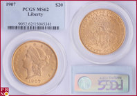 20 Dollars, 1907, Gold, Liberty, in PCGS holder nr. 9052.62/15045341. NO (0%) BUYER'S PREMIUM ON THIS LOT.

MS 62