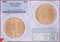 20 Dollars, 1907, Gold, No Motto, Fr 183, in PCGS holder nr. 9142.64/17297973. NO (0%) BUYER'S PREMIUM ON THIS LOT.

MS 64