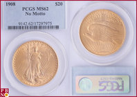 20 Dollars, 1908, Gold, No Motto, Fr 183, in PCGS holder nr. 9142.62/17297975. NO (0%) BUYER'S PREMIUM ON THIS LOT.

MS 62
