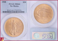 20 Dollars, 1908, Gold, No Motto, Fr 183, in PCGS holder nr. 9142.64/17297974. NO (0%) BUYER'S PREMIUM ON THIS LOT.

MS 64