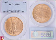 20 Dollars, 1916-S (San Francisco mint), Gold, Fr. 186, in PCGS holder nr. 9169.62/16558081. NO (0%) BUYER'S PREMIUM ON THIS LOT.

MS 62