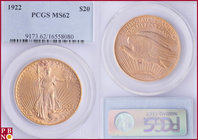 20 Dollars, 1922, Gold, Fr. 185, in PCGS holder nr. 9173.62/16558080. NO (0%) BUYER'S PREMIUM ON THIS LOT.

MS 62
